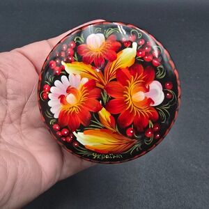 Vintage Ukrainian Petrykivka Hand Painted Wooden Lacquer Trinket Box Floral Art